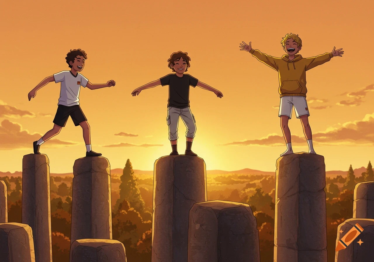 Three cartoon teenage boys balance on stone pillars at sunset, one running, one crouching, one laughing with arms outstretched.