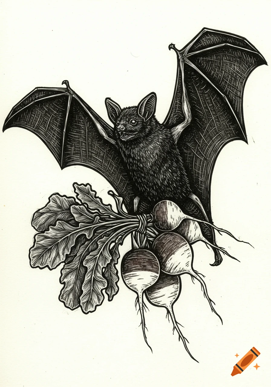 Black and white linocut illustration of a flying bat carrying a bunch of radishes.