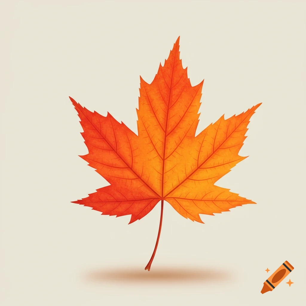 A single, vibrant red and orange autumn leaf with detailed veins, floating slightly above a plain light background.