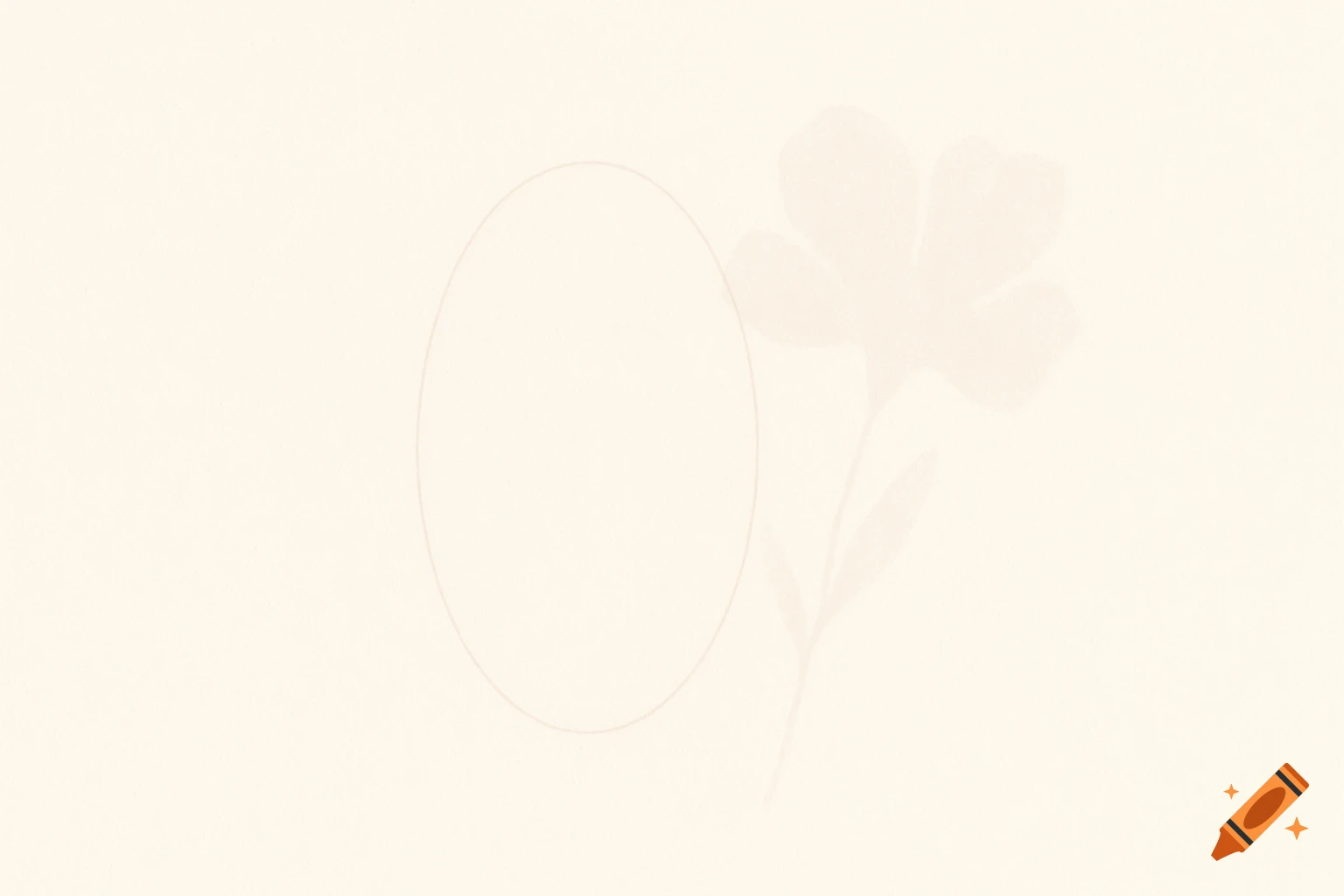 A very light cream background features a faint beige oval outline on the left and a translucent floral silhouette on the right.