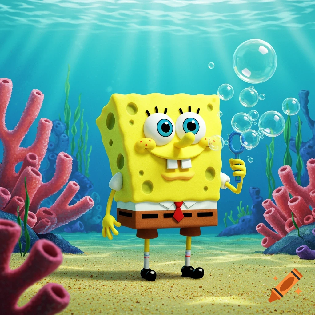 A 3D rendered SpongeBob SquarePants stands on the sandy ocean floor, blowing a stream of bubbles with a bubble wand. Coral and seaweed are in the background.
