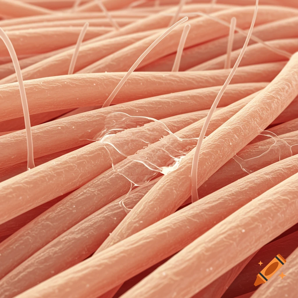 Microscopic view of human skin showing peach-colored collagen fibers with clear hyaluronan fluid.