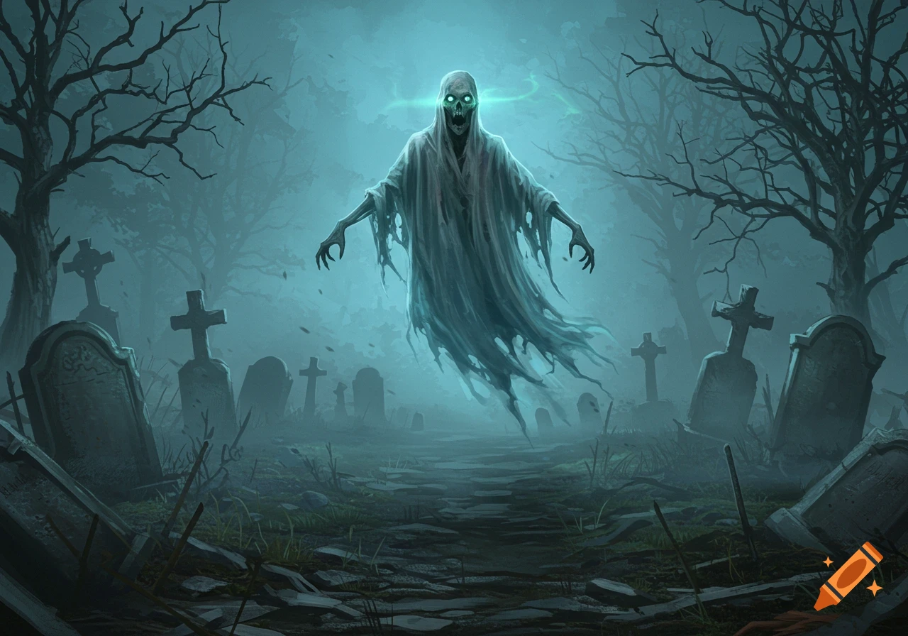 A haunting ghost with glowing green eyes floats above a foggy graveyard with bare trees and tombstones, in a dark fantasy illustration.