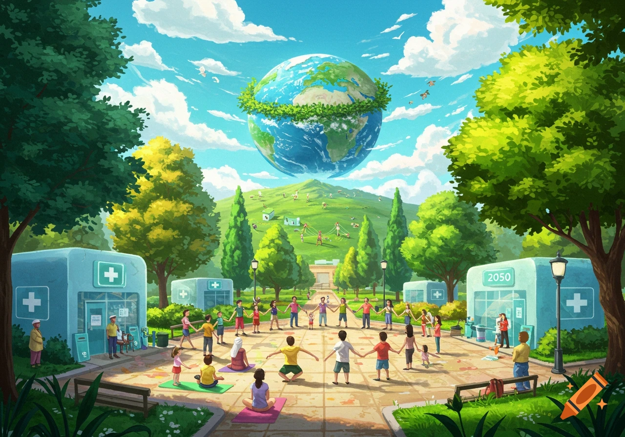 A vibrant cartoon illustration of a diverse community in a park, holding hands, doing yoga, with clinics and a globe overhead.