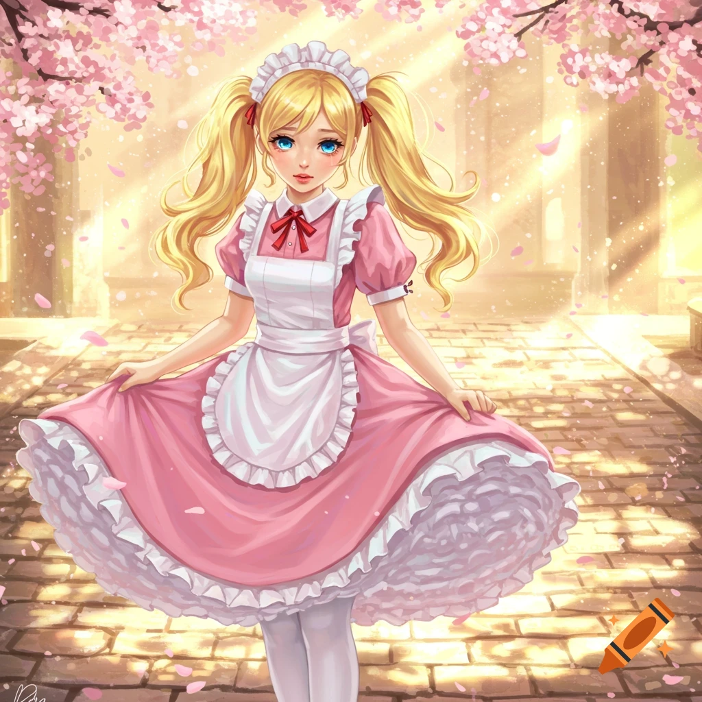 A blonde anime girl in a pink maid outfit with pigtails stands under cherry blossoms, surrounded by falling petals.