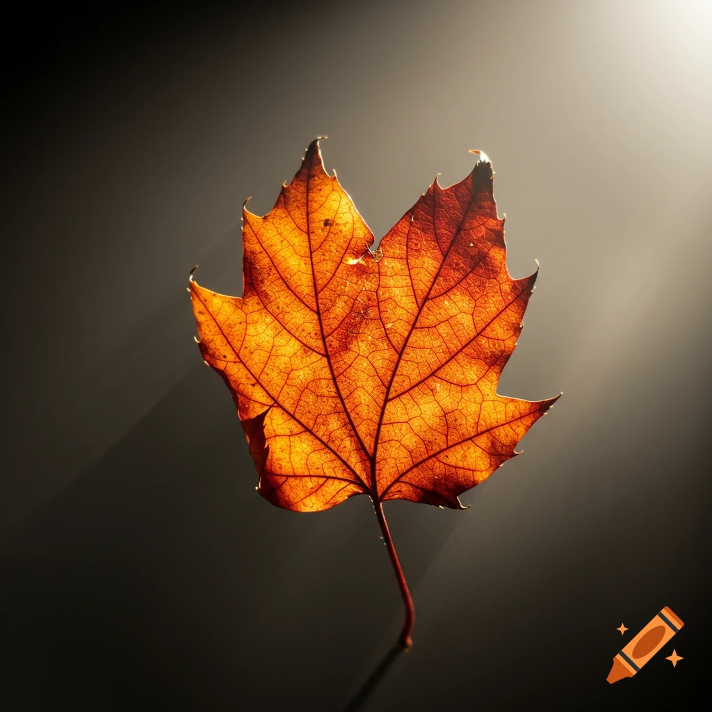 An orange and red autumn leaf, backlit, detailed veins visible against a dark, shadowy background with rays of light.