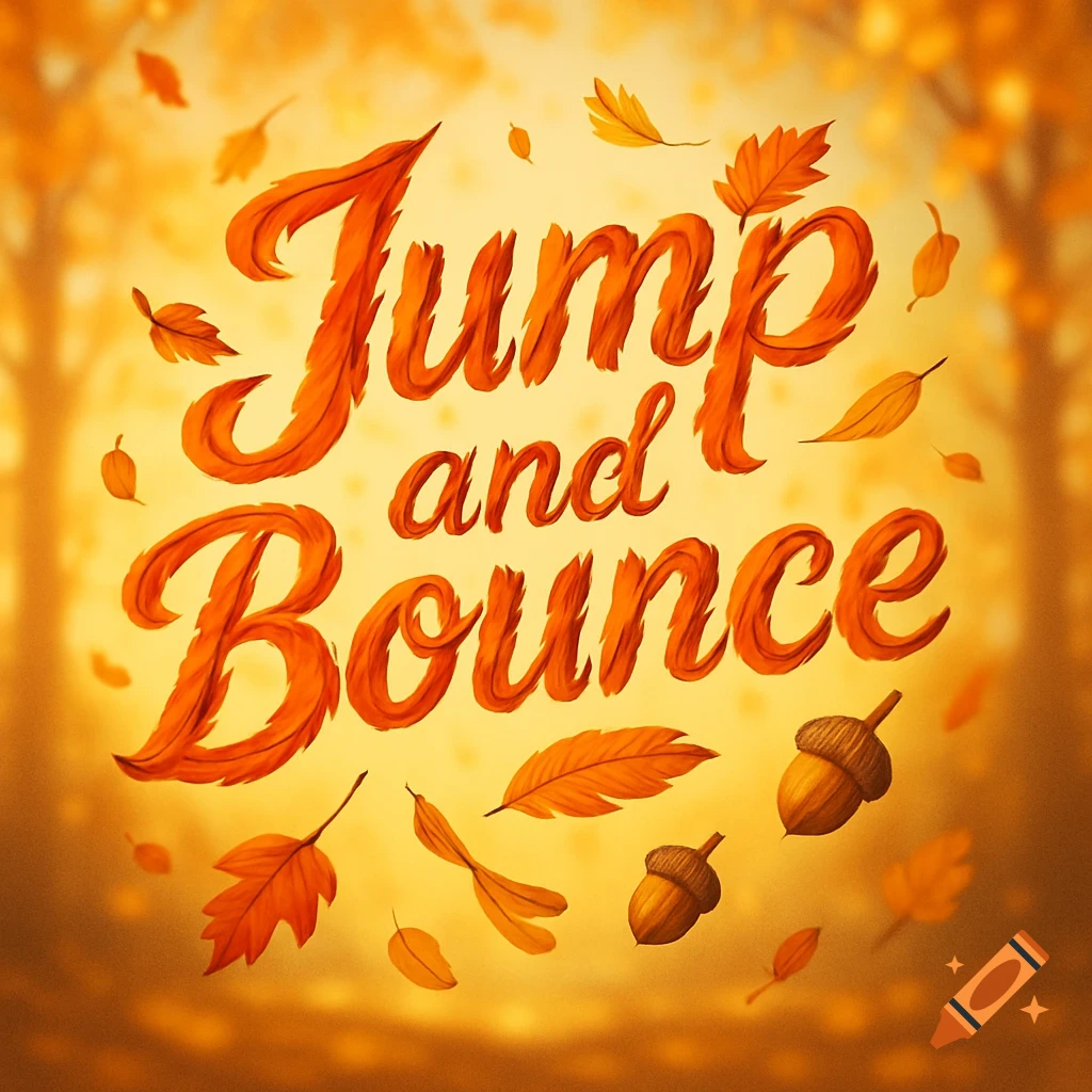 A vibrant fall-themed sign with decorative orange text reading "Jump and Bounce," surrounded by falling autumn leaves and acorns, set against a warm, blurry forest background.