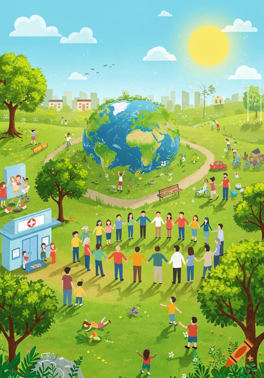 Vibrant illustration of a diverse community holding hands around a globe in a lush park, with a hospital, symbolizing health and wellbeing.