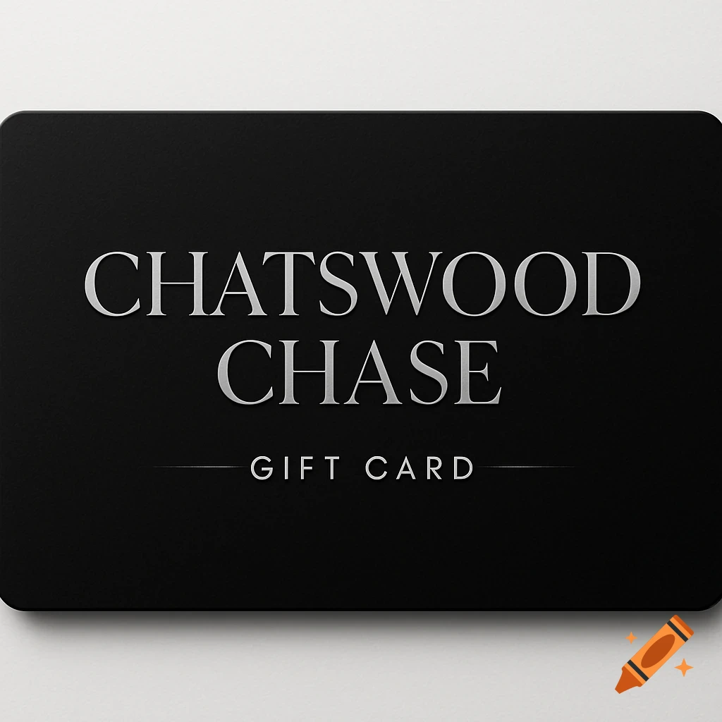 A sleek black gift card featuring 'CHATSWOOD CHASE' and 'GIFT CARD' in silver text on a white background.