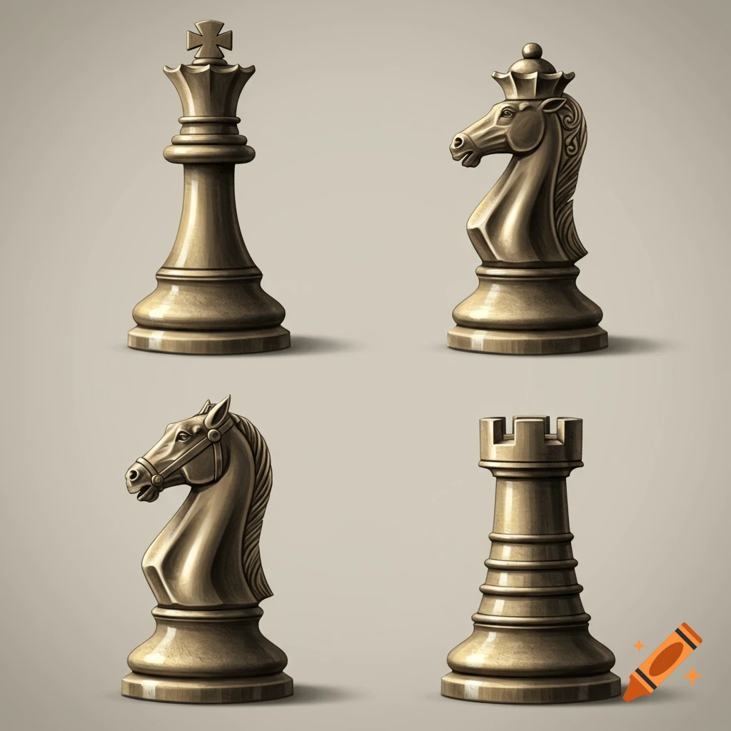 Four bronze chess pieces, a king, a knight, another knight, and a rook, meticulously detailed and arranged on a plain background.