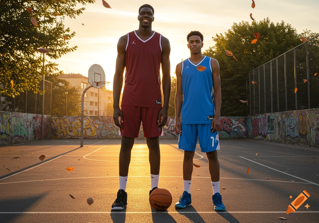 Two smiling basketball players, one tall and one shorter, stand on an outdoor court with a basketball at sunset.