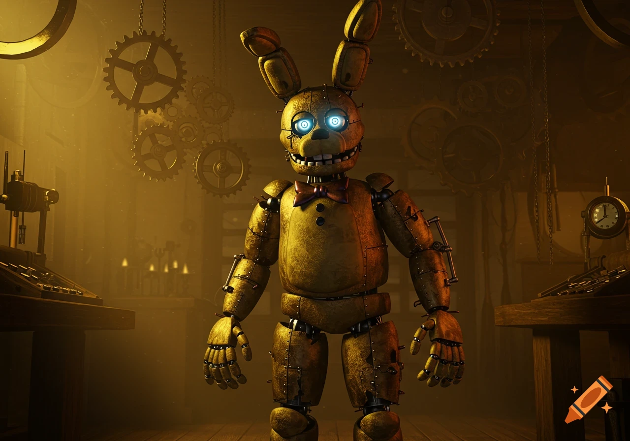 A gold, dilapidated animatronic rabbit with glowing blue eyes and a red bow tie stands in a dark, gear-filled industrial room.