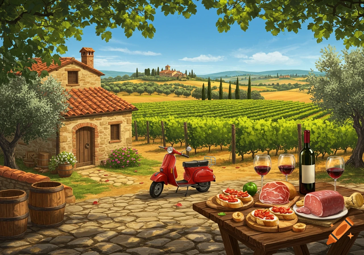 Illustrated Italian vineyard scene with a stone house, red scooter, and a table set with wine, cheese, and bruschetta.