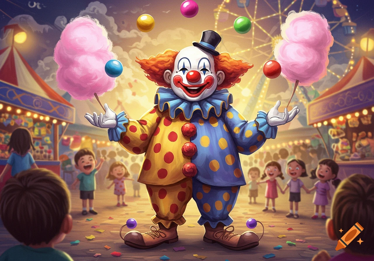 A vibrant illustration of a happy clown juggling colorful balls and cotton candy at a busy carnival with children.
