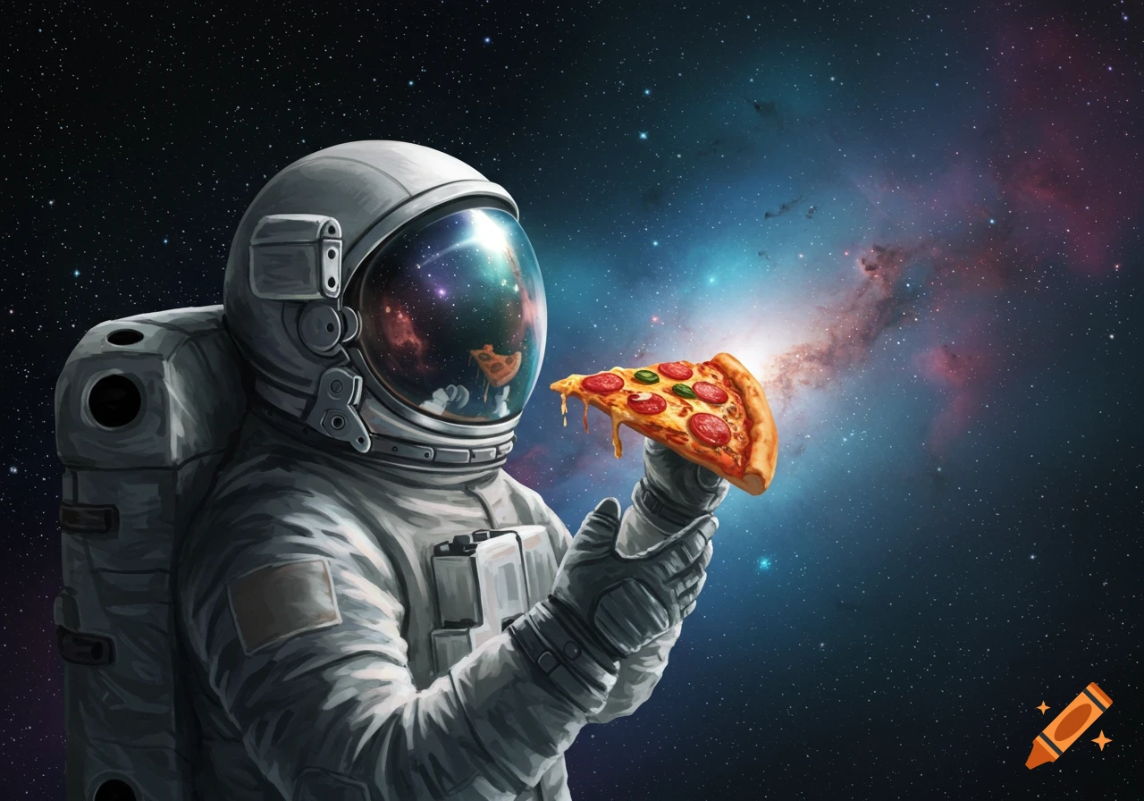 An astronaut in a spacesuit holds a slice of pepperoni and jalape is-no pizza, floating in colorful outer space.