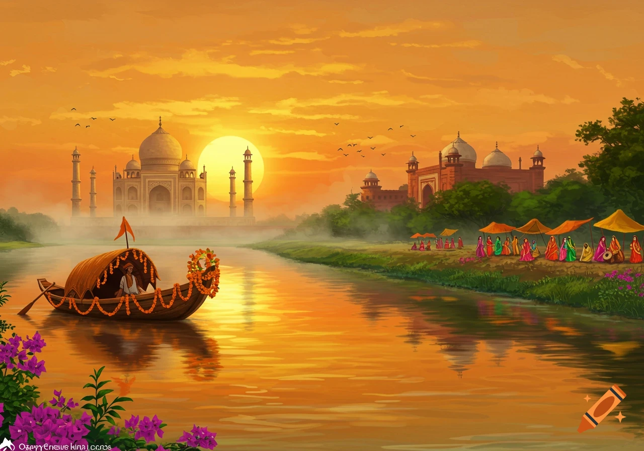 Illustrative depiction of the Taj Mahal and a red sandstone building at sunset, reflected in a river with a decorated boat and people on the bank.