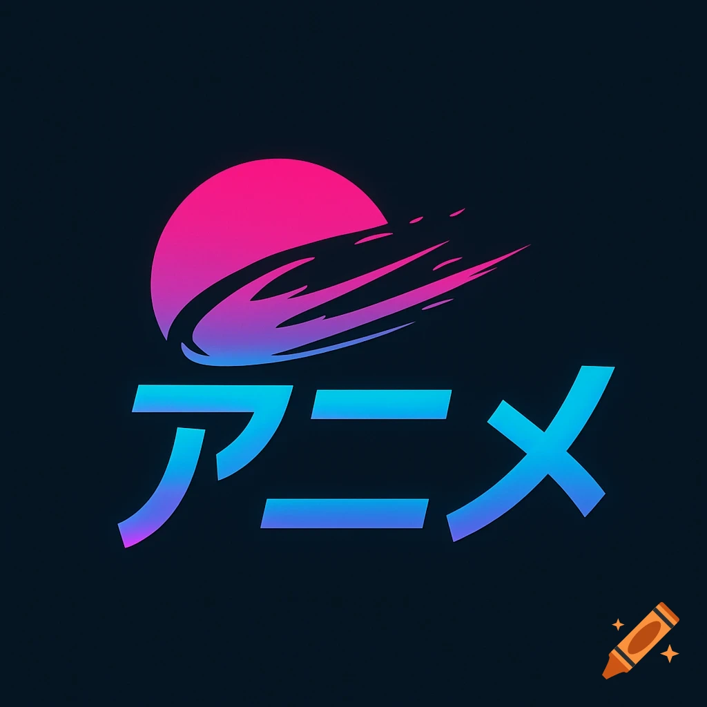 Sleek, modern logo with a pink-blue gradient sun and Katakana text 'アニメ' (Anime) on a dark background.