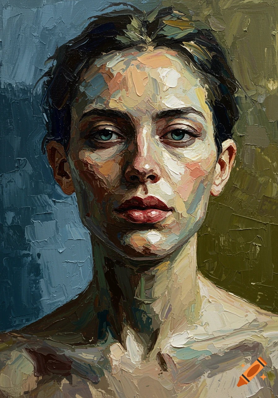 Expressive oil painting of a person's face and shoulders with thick, visible brushstrokes and a muted color palette.