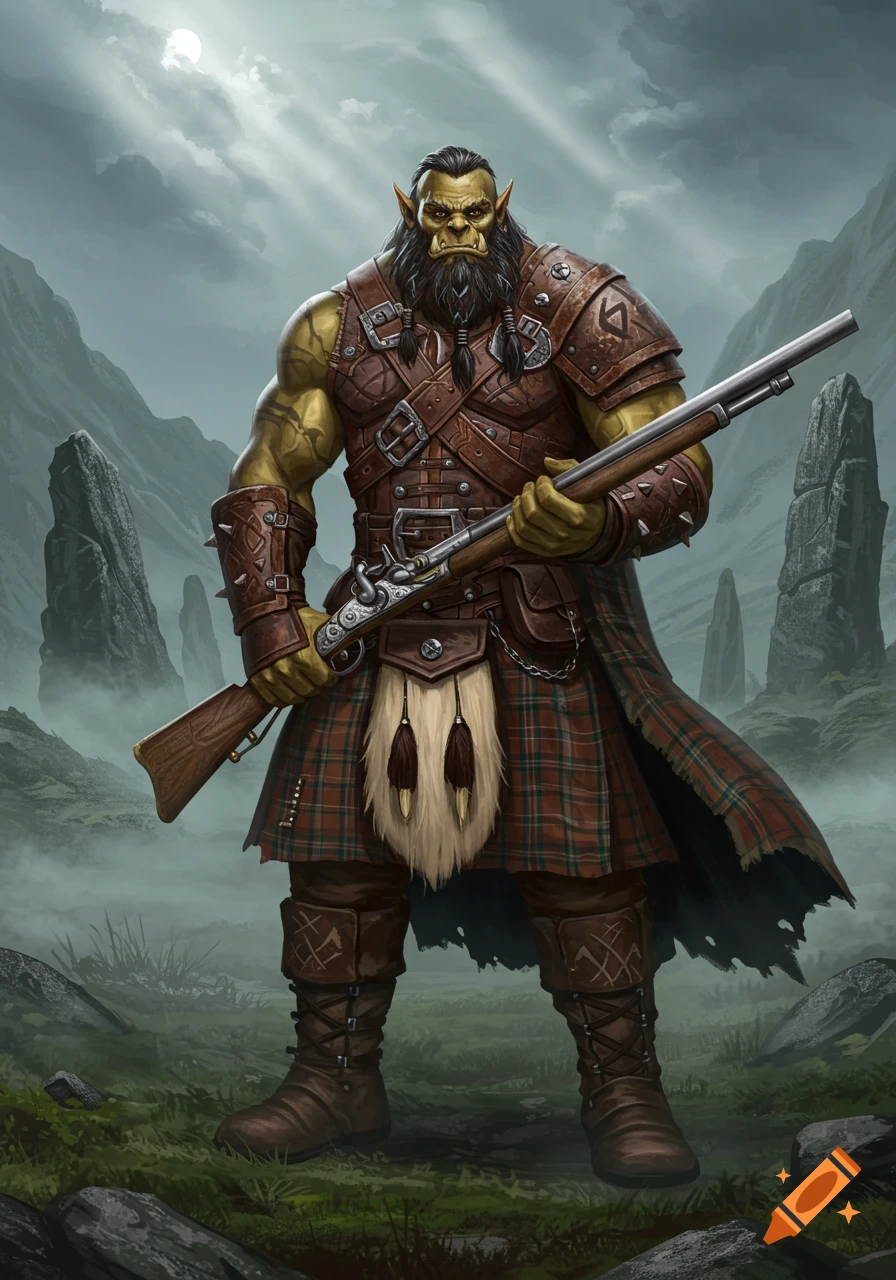 A bearded orc in a kilt and armor holds a musket in a misty, mountainous fantasy landscape.
