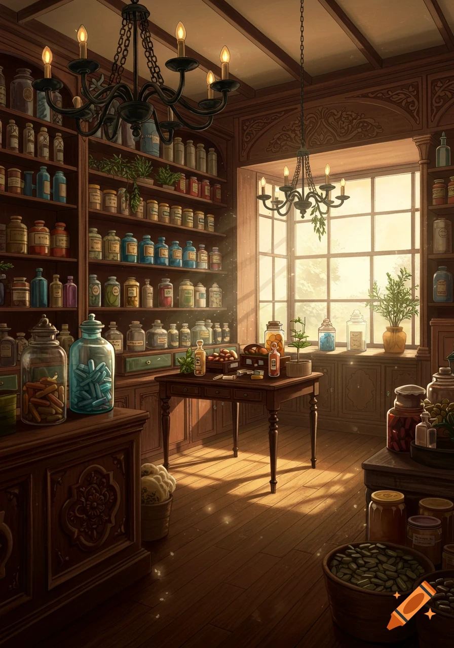 A warm, vintage apothecary or general store interior filled with wooden shelves packed with various jars and bottles, bathed in sunlight from a large window.