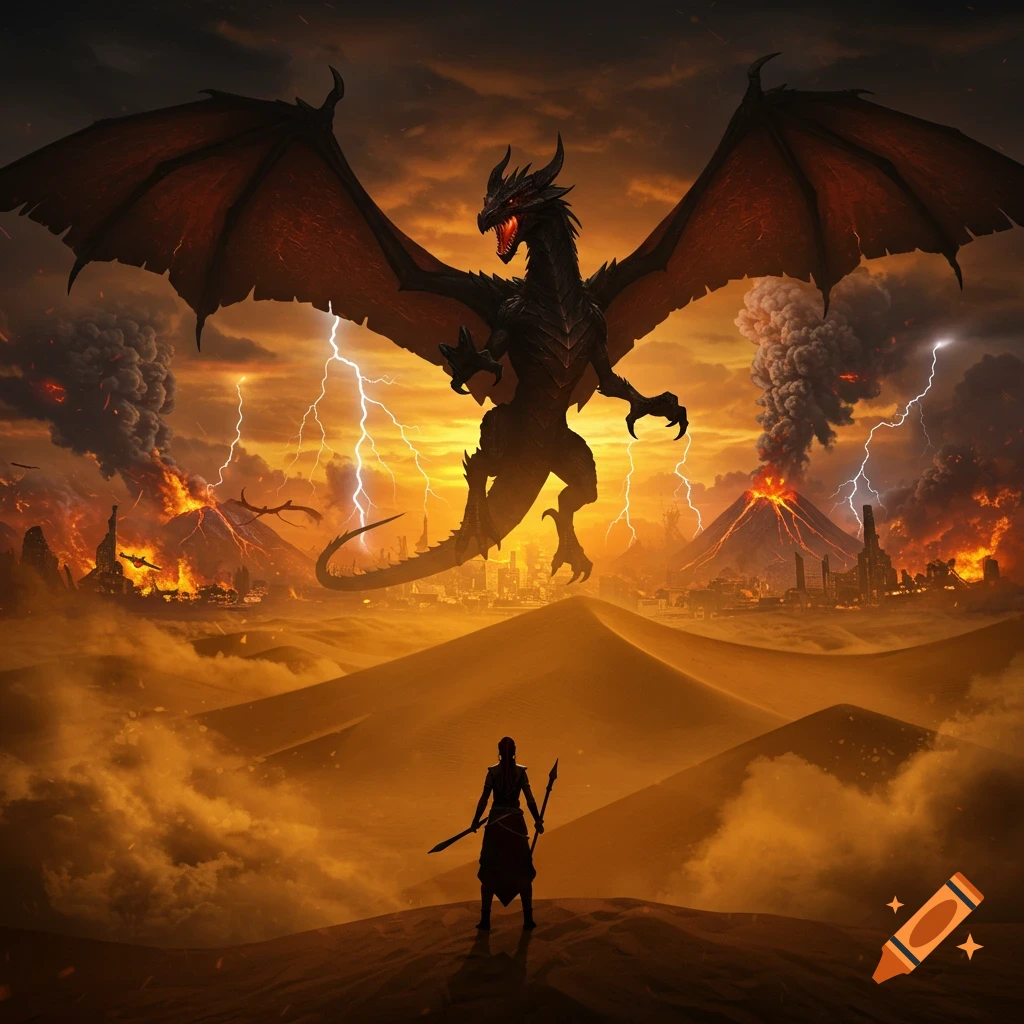A warrior confronts a black dragon with red wings over a desert scene of erupting volcanoes, lightning, and a burning city.