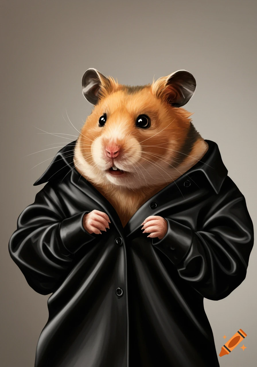 A furry orange and white hamster wearing a shiny black coat, looking curious.