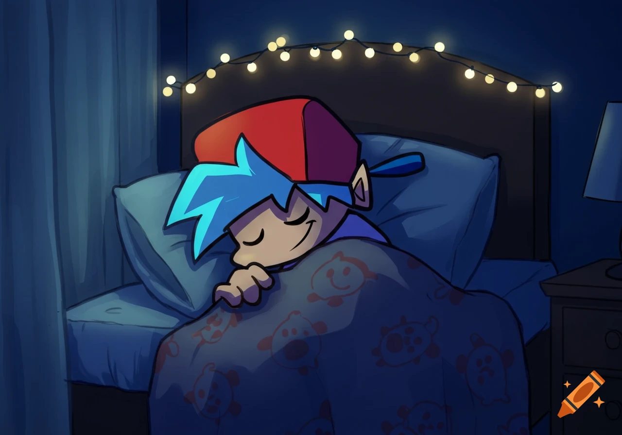 A cartoon character with blue hair and a red cap sleeps peacefully in bed under a patterned blanket, lit by string lights.