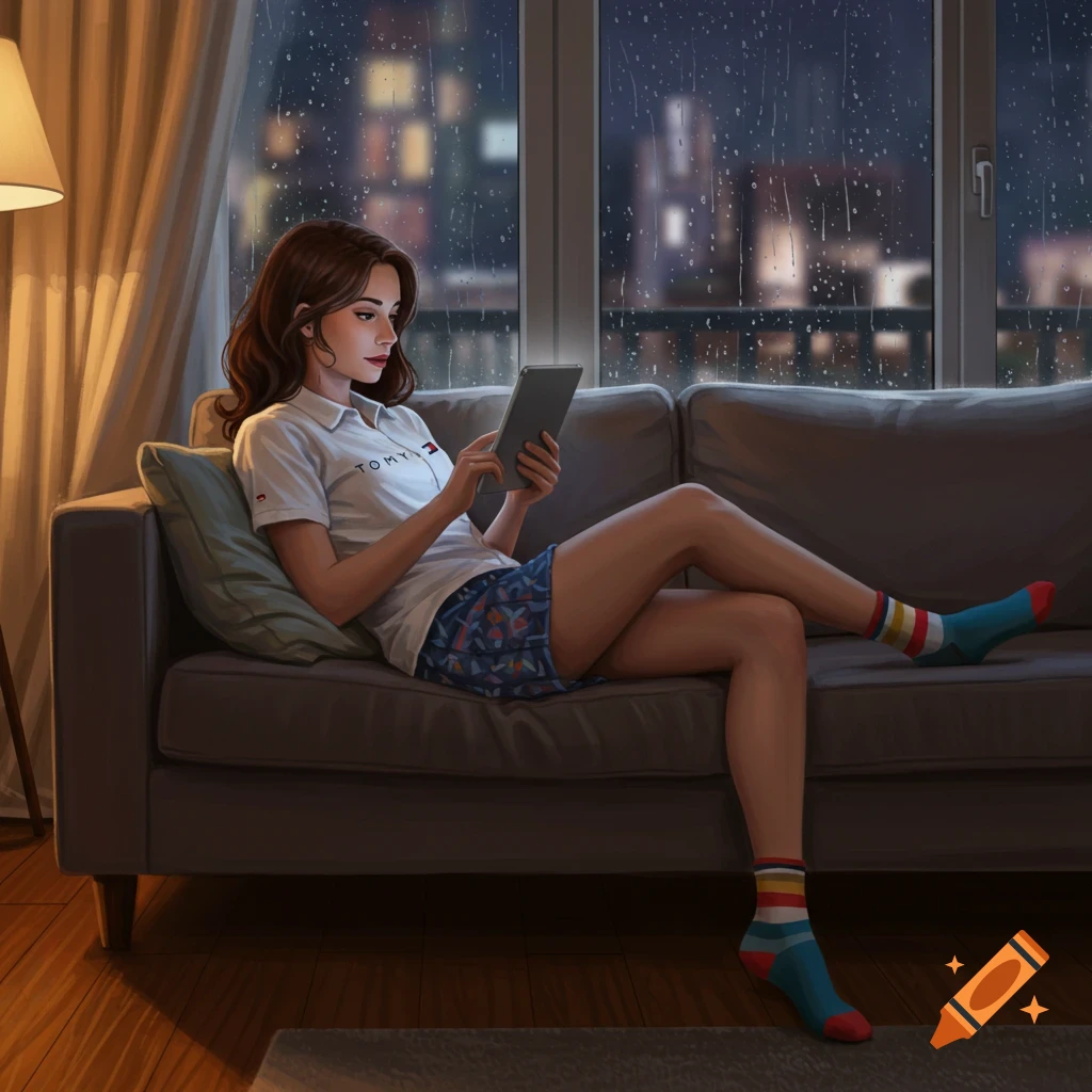 A woman with brown hair lies on a couch, using a tablet, in a room with a window showing a rainy cityscape at night. Illustration.