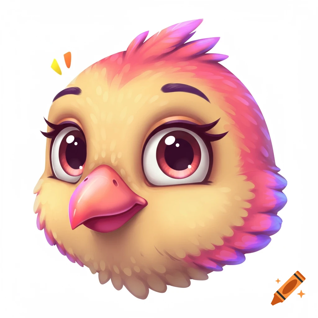 A colorful cartoon bird head with pink and purple feathers, large brown eyes with long lashes, and a pinkish-orange beak.