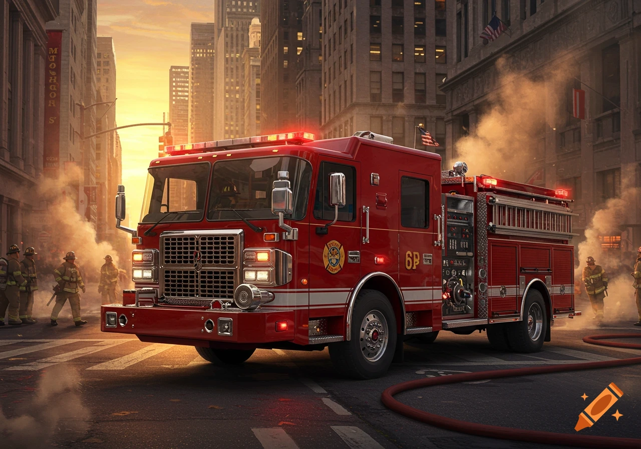 A photorealistic red fire engine with flashing lights on a city street, surrounded by smoke and firefighters at sunset.