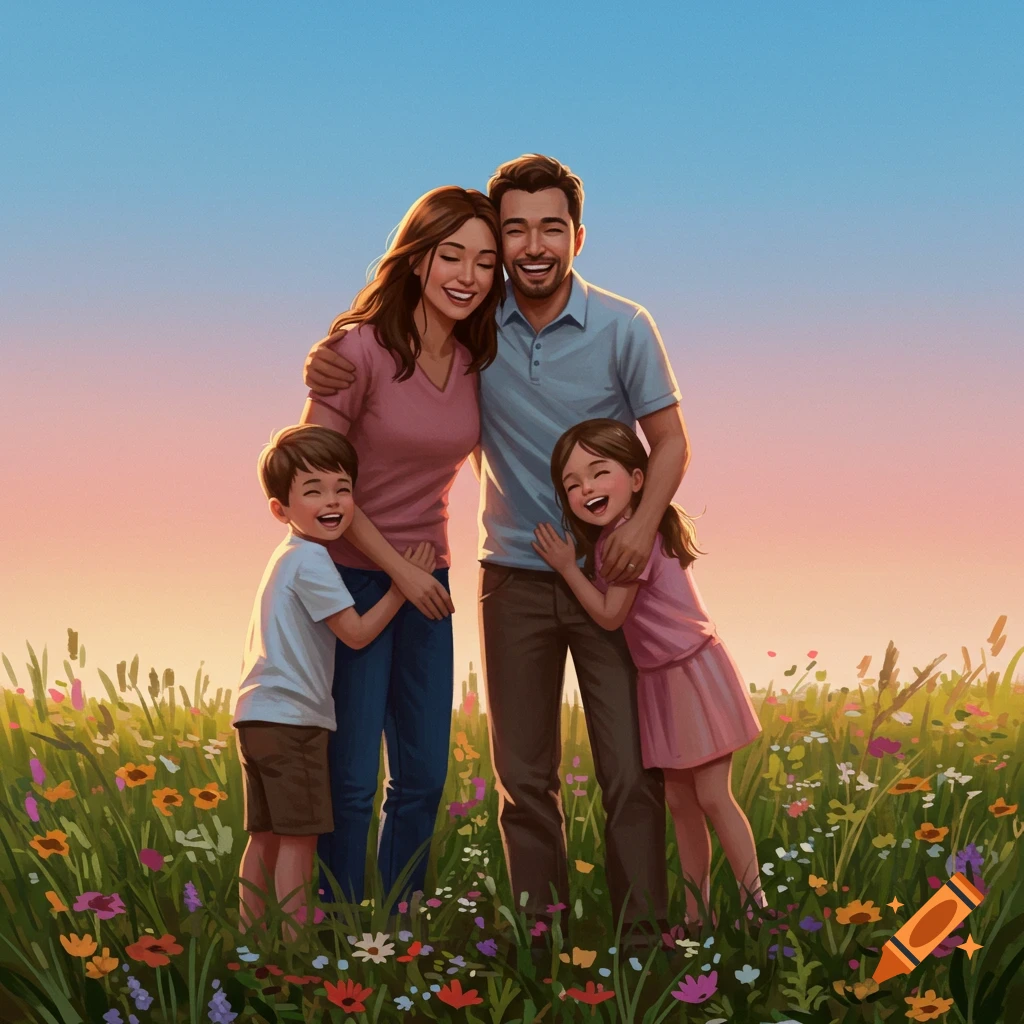 An illustration of a happy family of four, mom, dad, a boy, and a girl, hugging and laughing in a sunny field of wildflowers.