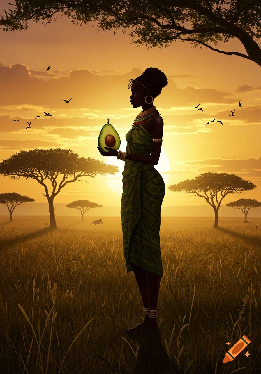 Illustrative image of an African woman in a green dress holding a halved avocado at sunset in a savanna with acacia trees.