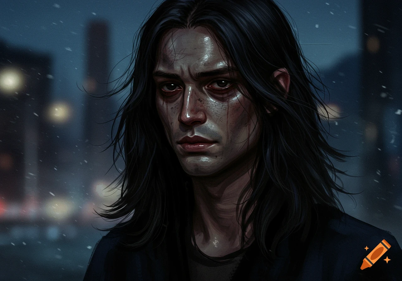 A digital painting of a man with long black hair, oily skin, and dark circles under his eyes, looking melancholic in a snowy city.