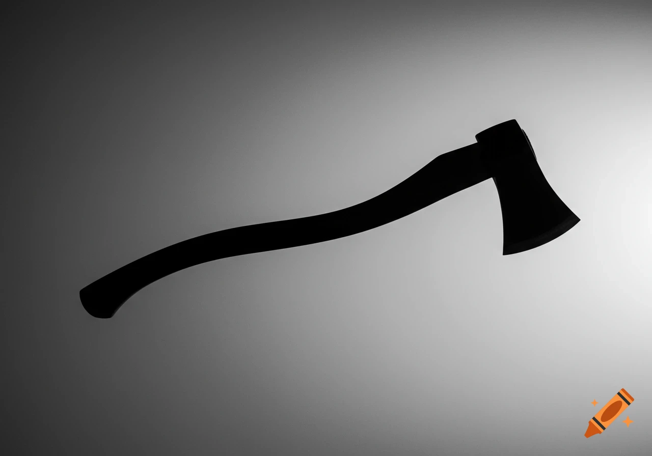 A black and white silhouette of an axe with a curved handle, angled as if in motion against a gradient background.