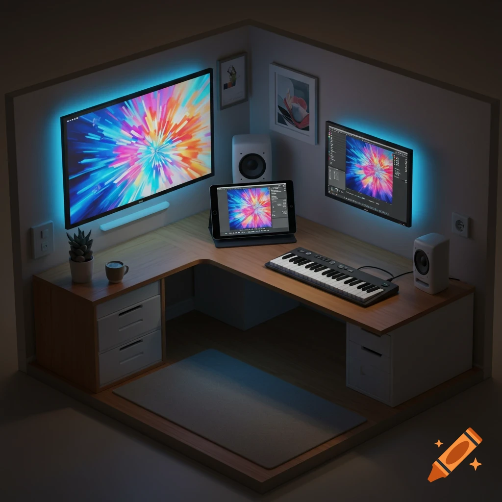 An overhead view of a modern L-shaped desk with multiple screens, a keyboard, and speakers, all illuminated by blue LED backlighting.