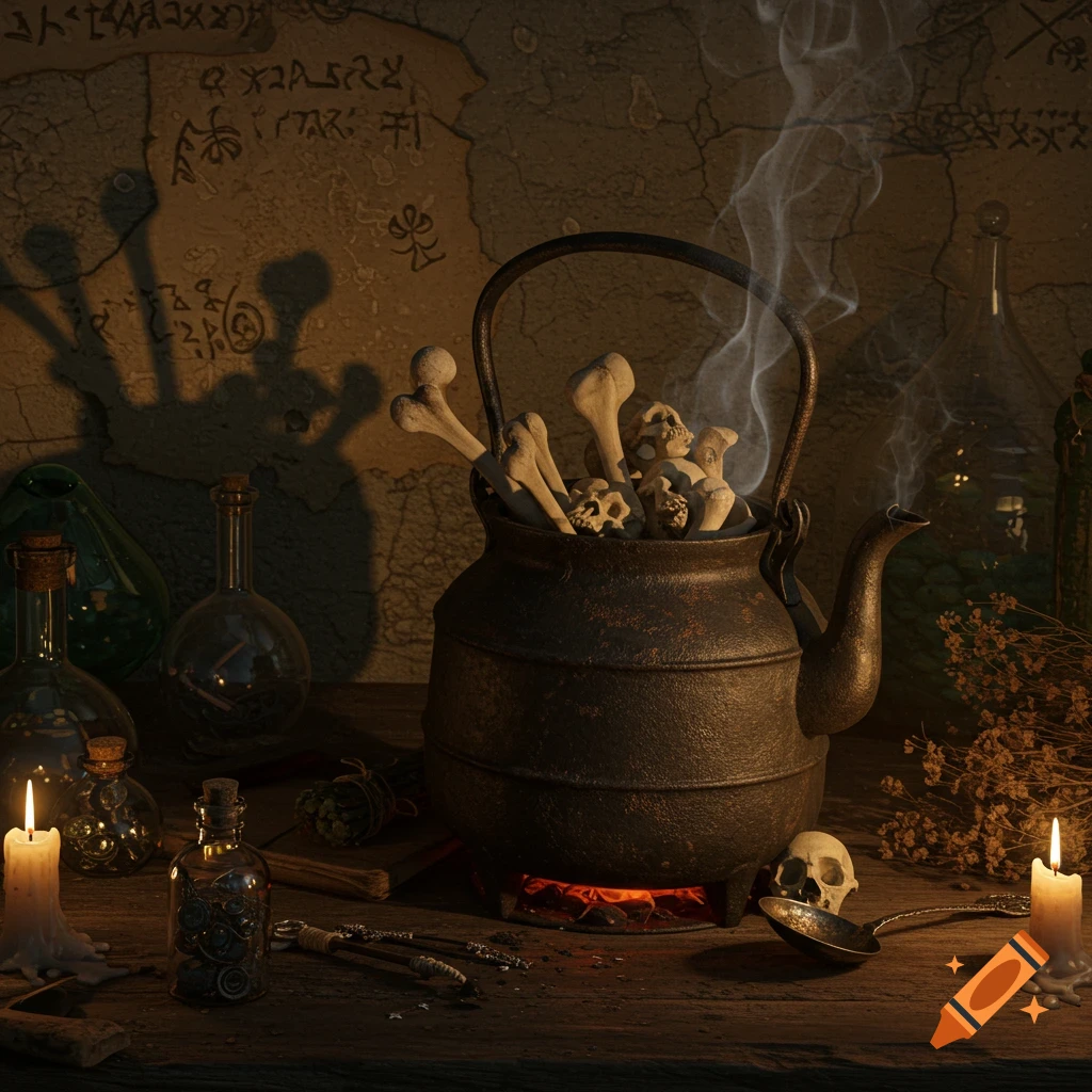 A dark, atmospheric still life showing a steaming cauldron full of bones and skulls on a wooden table, flanked by candles and bottles.