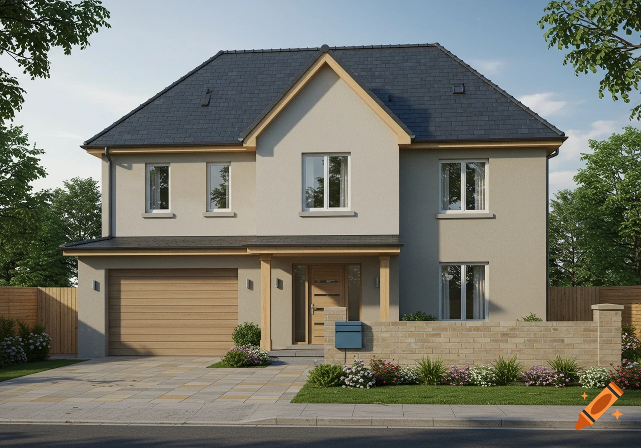 Photorealistic image of a modern two-story house with a dark gray roof, light beige walls, a wooden garage door, and a landscaped front yard.