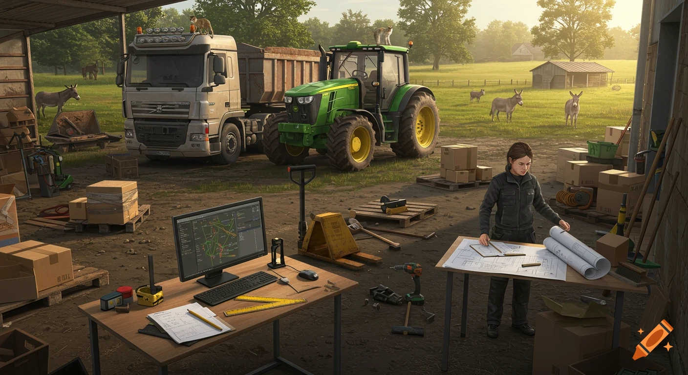 A photorealistic scene of a woman working at a table under a shed, with a green tractor, a truck, and donkeys in a sunny field.