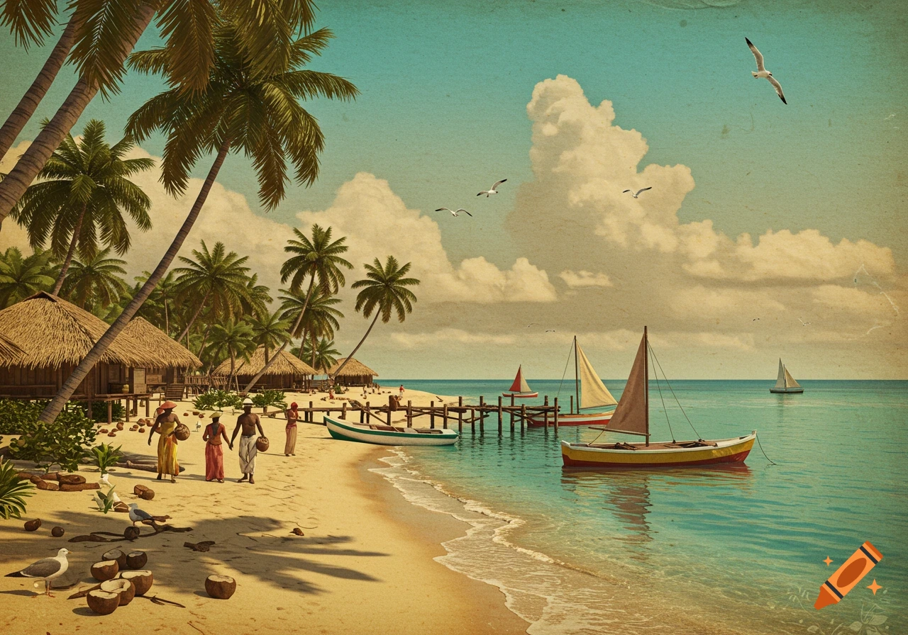 A vintage-style painting of a tropical beach with palm trees, thatched huts, people walking, and sailboats on the turquoise sea, with a distressed paper texture.