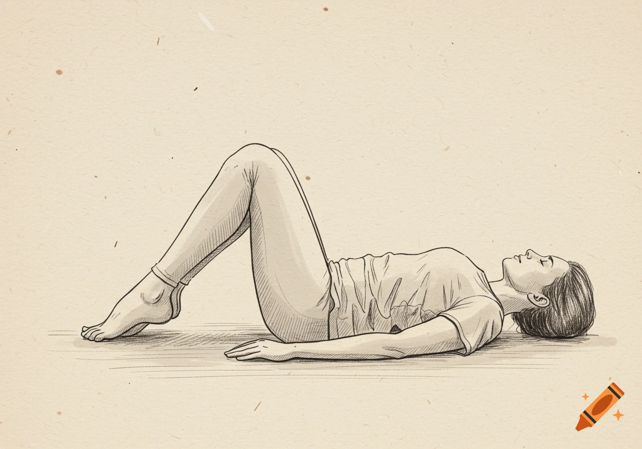 A hand-drawn, sepia-toned illustration of a woman lying on her back in a yoga pose with bent knees and open legs.