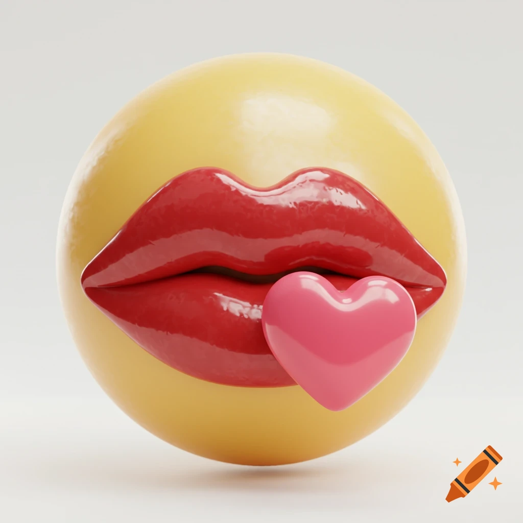 3D rendered yellow kissy face emoji with glossy red lips blowing a pink heart.