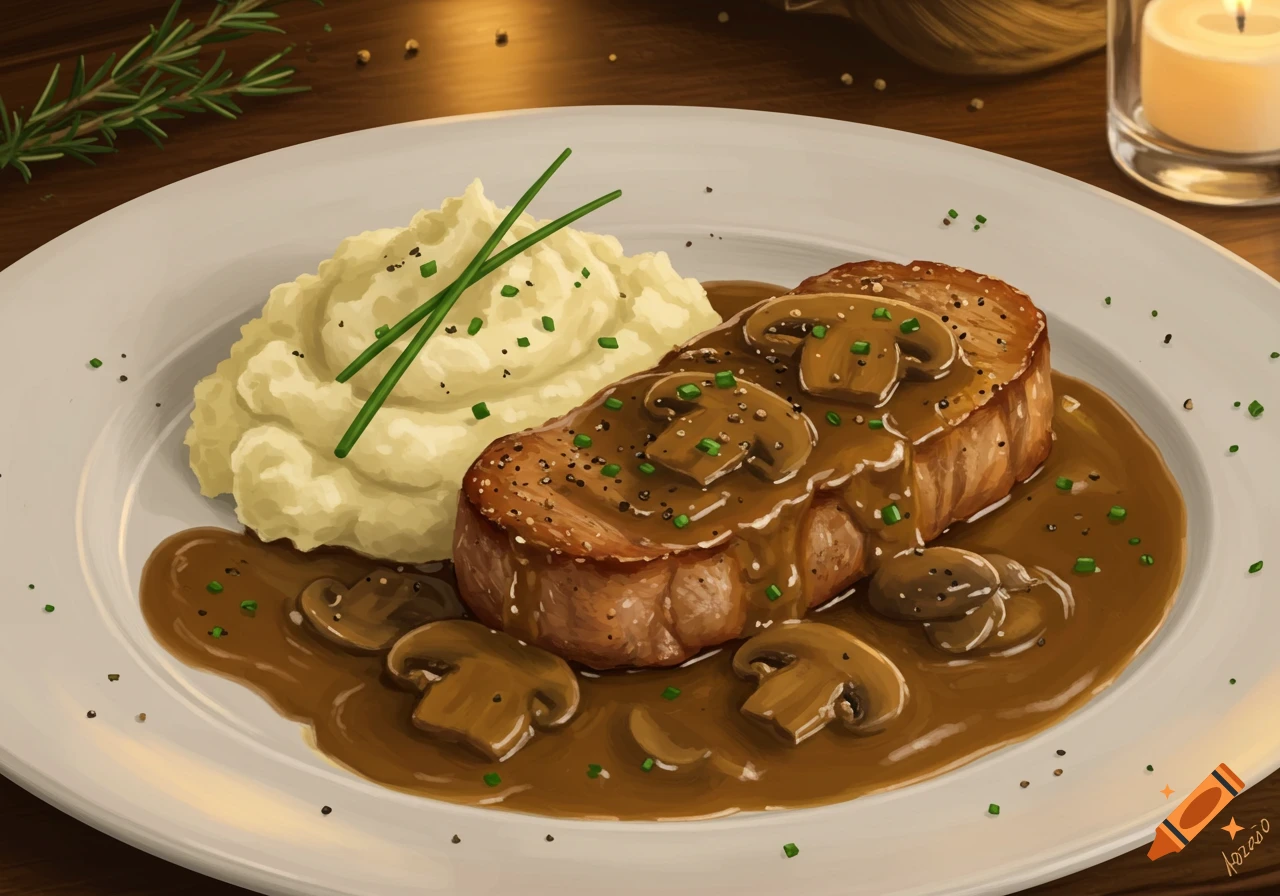 Pork tenderloin with marsala mushroom sauce and mashed potatoes, garnished with chives, on a white plate, digital painting.