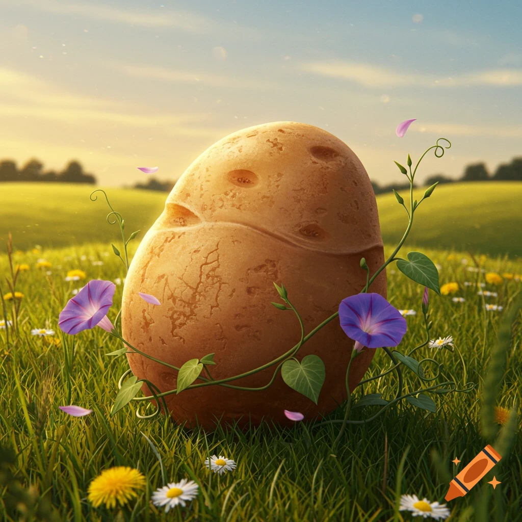A large, textured potato-like object sits in a sunny green field with white and yellow wildflowers, morning glory vines, and falling petals.