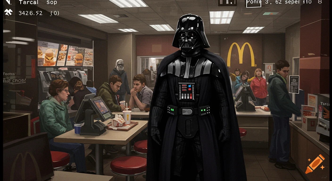 Darth Vader stands inside a McDonald's restaurant, with customers seated and ordering in the background, in an illustration style.