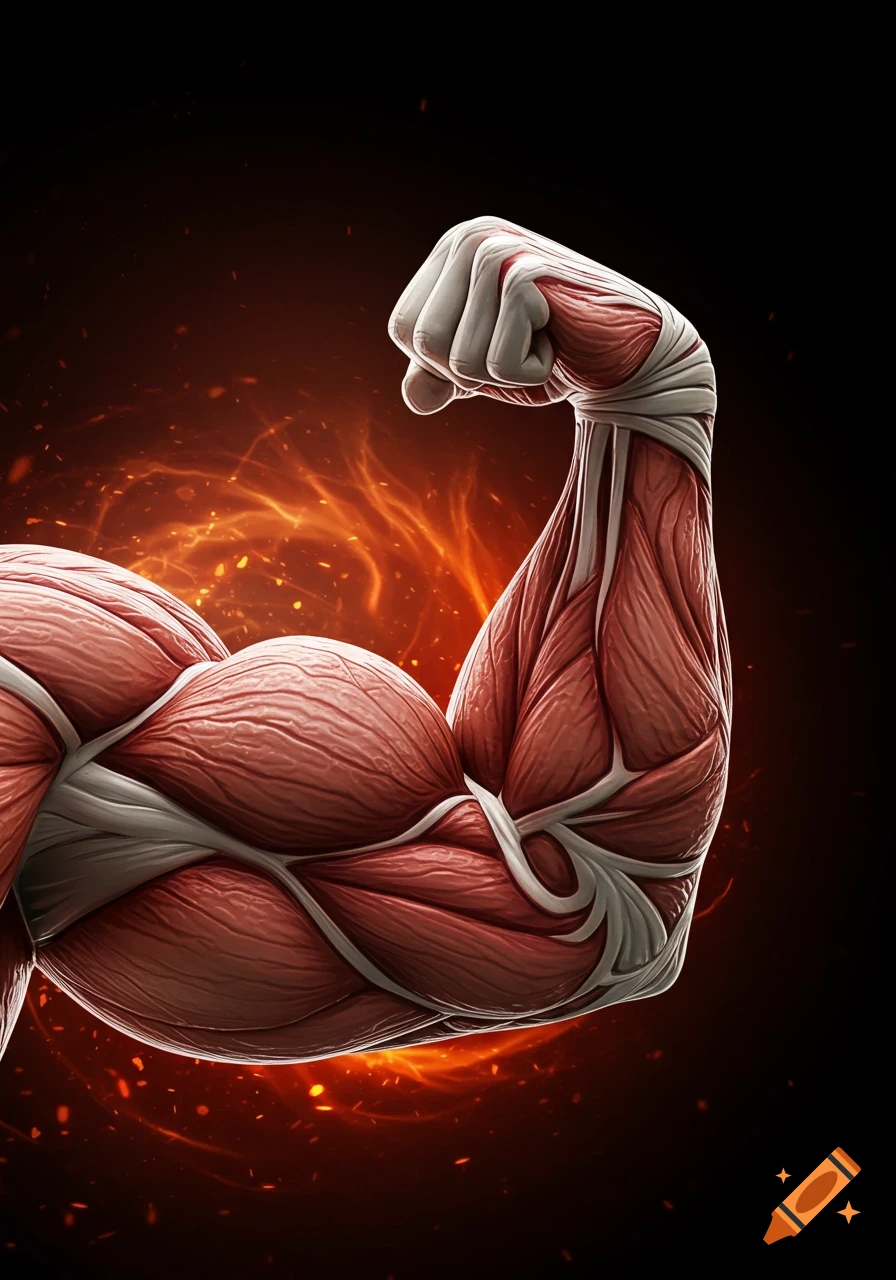 Detailed illustration of a flexing human arm with exposed muscles against a dark, fiery background.