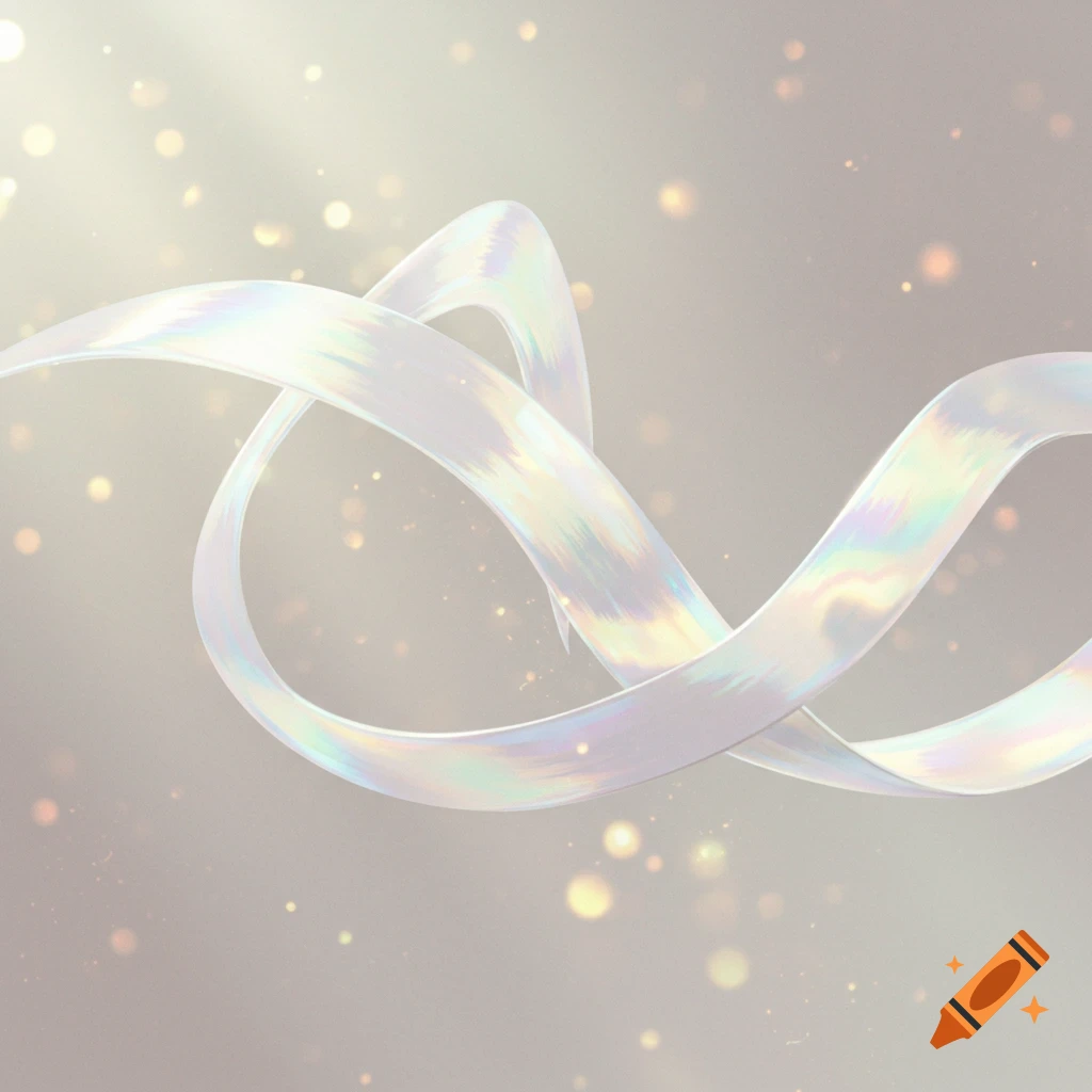 A white, iridescent ribbon curves elegantly against a soft, light background with shimmering bokeh lights.