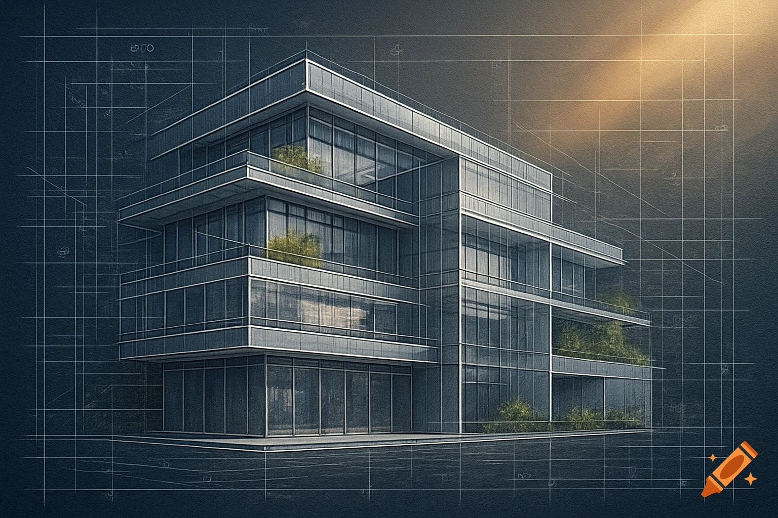 A modern building rendered in a blueprint style with grid lines and a warm light source on a dark background.