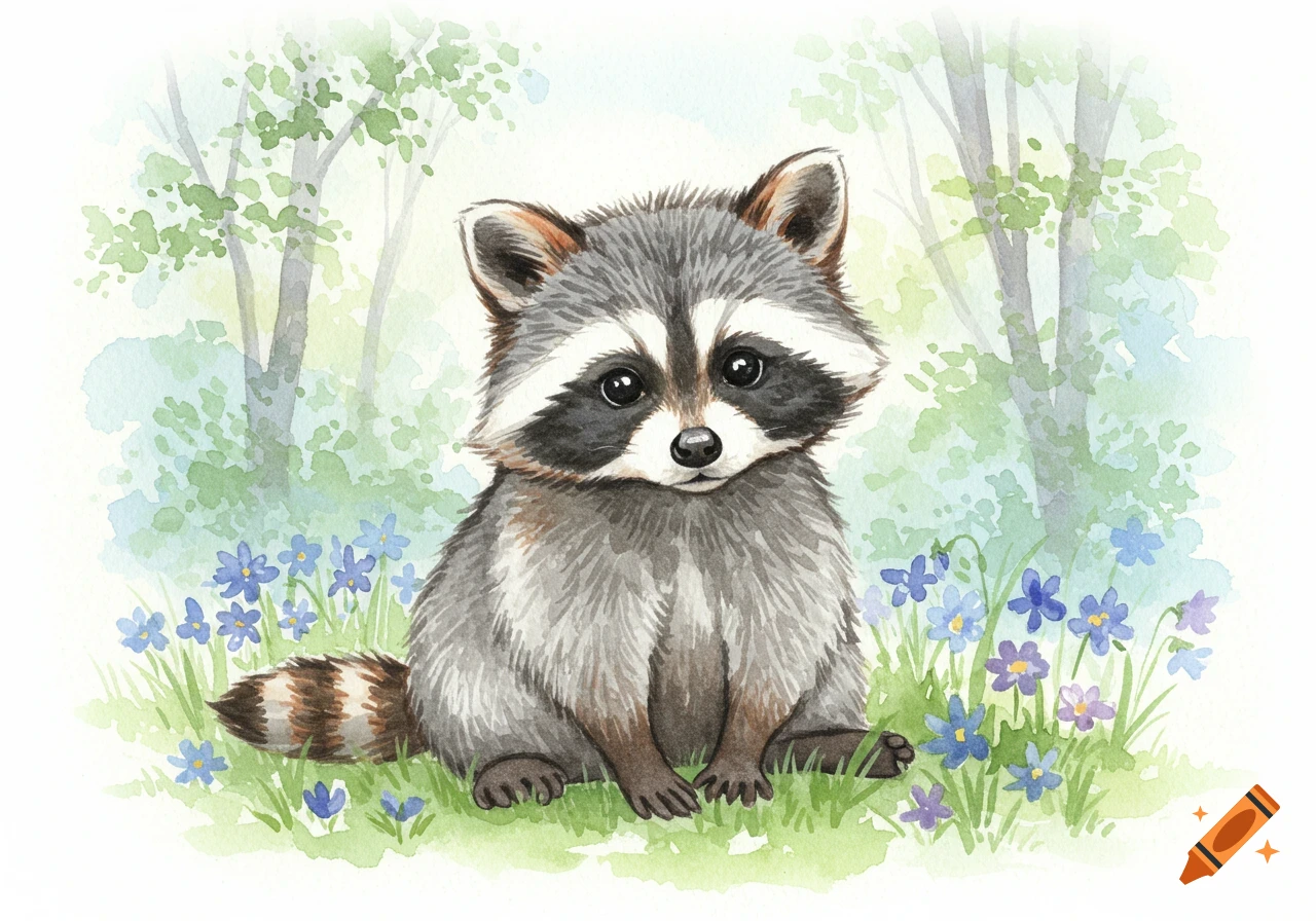 A cute watercolor illustration of a raccoon sitting in a grassy field with blue flowers and trees in the background.