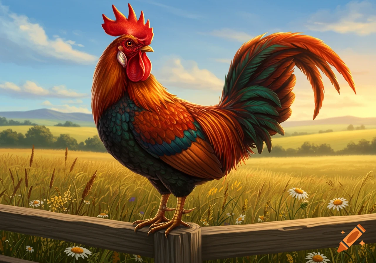 A colorful rooster stands on a wooden fence post in a sunlit field with daisies, under a blue sky.