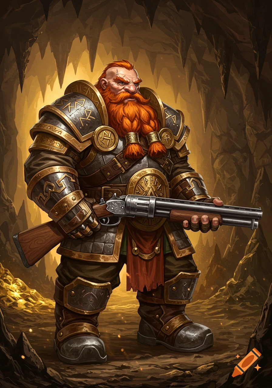 A red-bearded dwarf warrior in ornate armor holds a shotgun in a gold-filled cave.